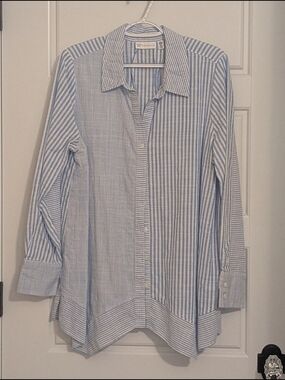Rafaella Blue White Striped Button Down Shirt XL 100% Cotton High Low Hem